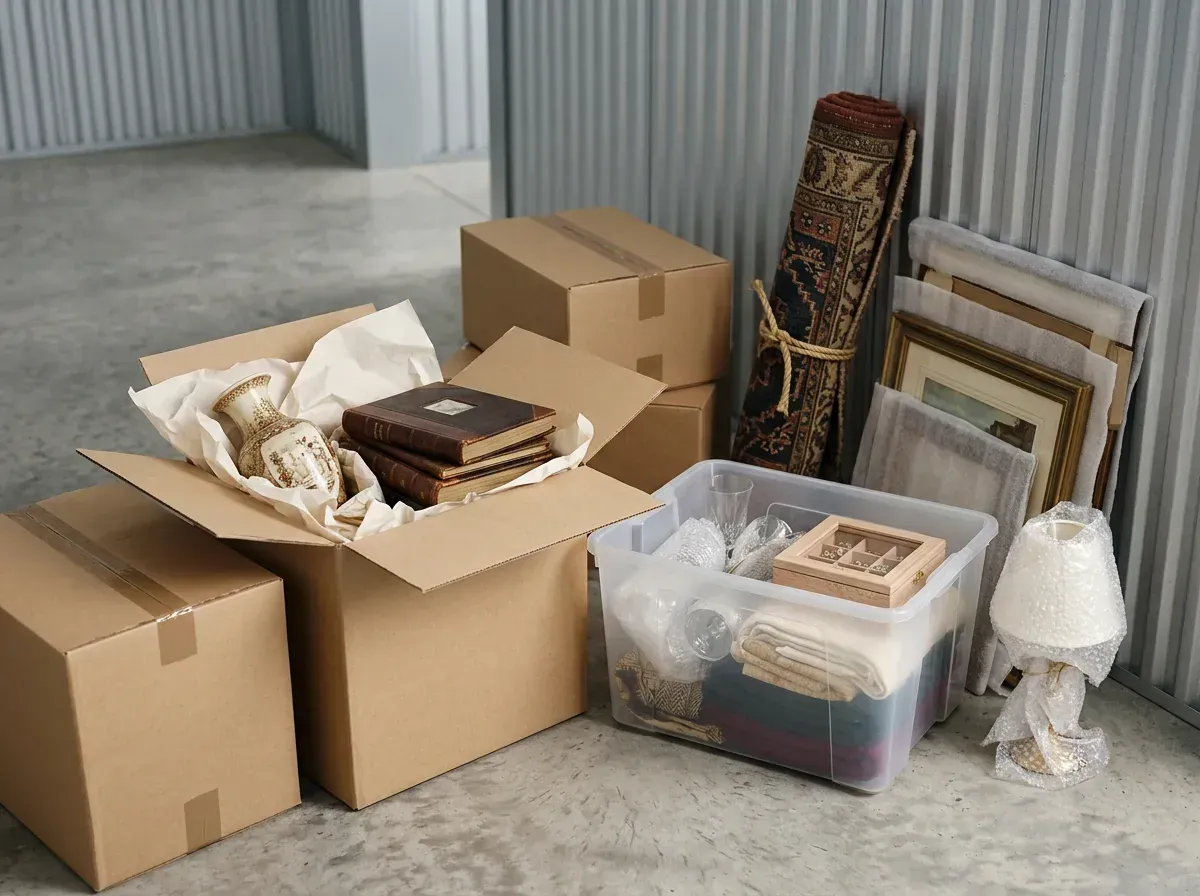 Fragile and sentimental items packed for long-term storage.